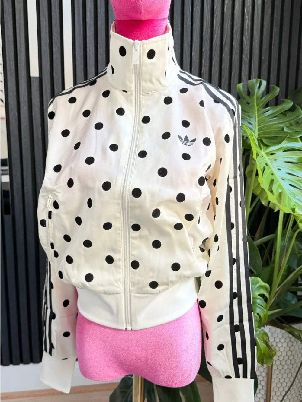 adidas Originals White Polka Dot Track Jacket with Black Stripes - Picture 2 of 12